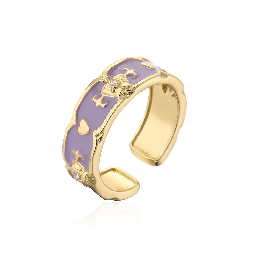 Minimalist Geometric Copper Ring with 18K Gold Plating, Enamel Crown Design and Zircon Inlay for Women