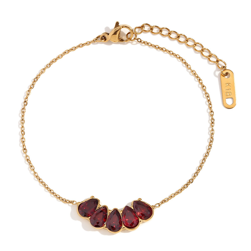 Bracciale da donna alla moda vintage geometrico in acciaio inossidabile placcato oro 18 carati con strass rossi a forma di melograno