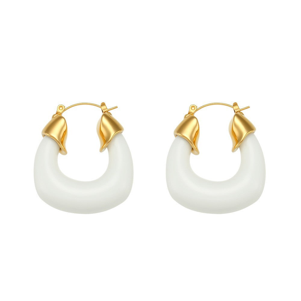 Orecchini a cerchio da donna in stile vintage con geometria a U in acciaio al titanio, placcati oro 18 carati e inserti in acrilico