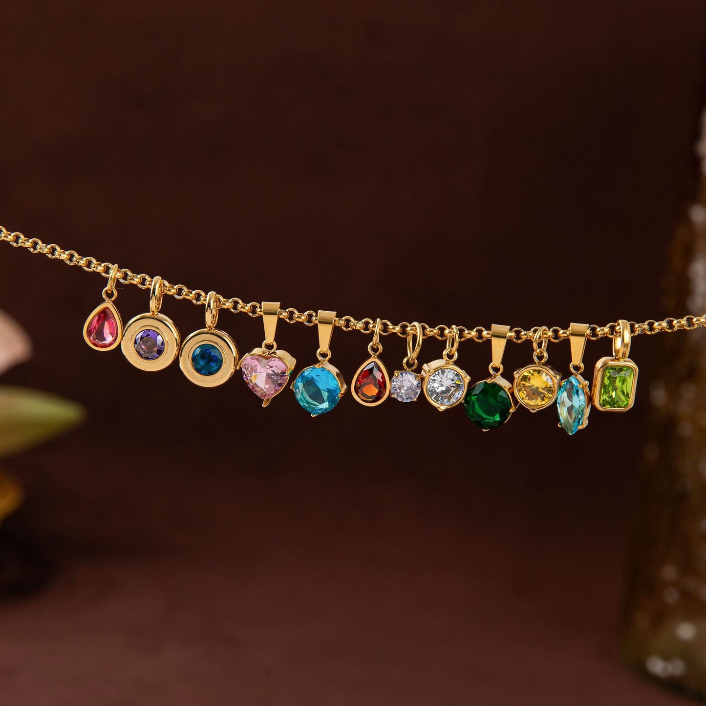 Vintage Geometric Stainless Steel 18K Gold PVD Plated DIY Charm Bar Necklace with 12 Birthstones