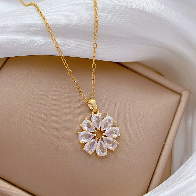 Rotating Zircon Flower Pendant Necklace for Women Stainless Steel Delicate Clavicle Chain with Full Rhinestone Accents