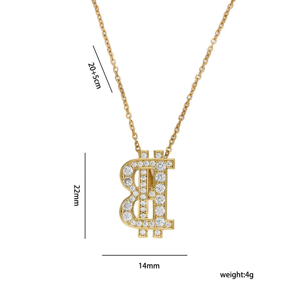 Minimalist Fashionable Letter B Rhinestone-Set Earrings and Necklace with Titanium Steel Plating and Copper Pendant on Cross Chain for Women