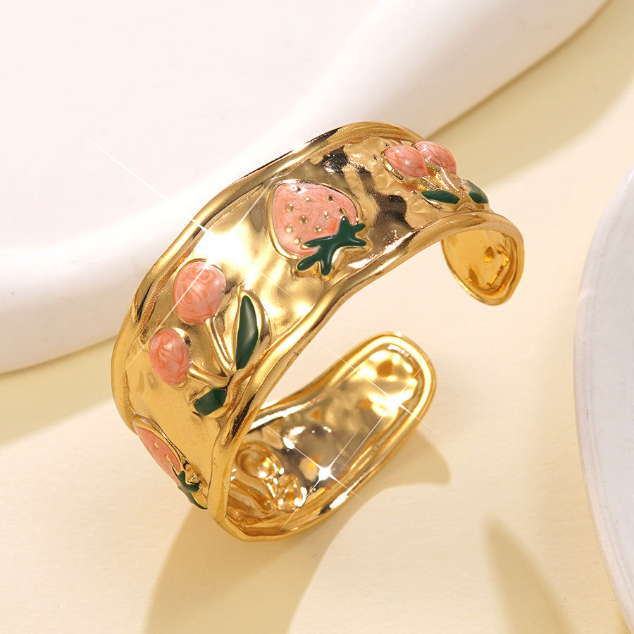 Elegante Pulsera Abierta de Lujo Floral con Esmalte de Aceite de Acero Inoxidable y Titanio con Cereza