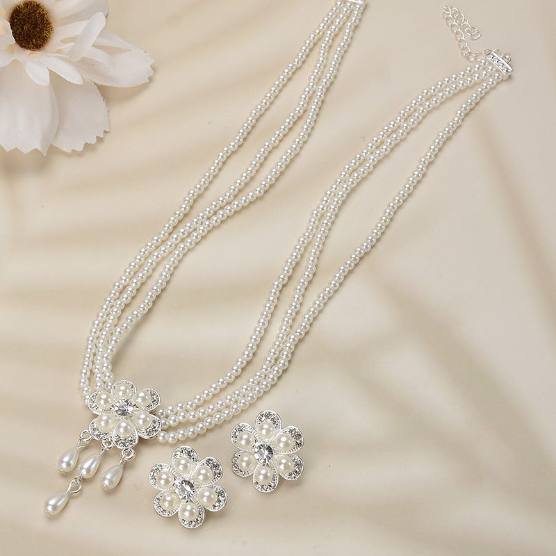 Sweet Floral Polka Dot Rhinestone Inlaid Alloy Pearl Ball Chain Necklace Earring Set for Women