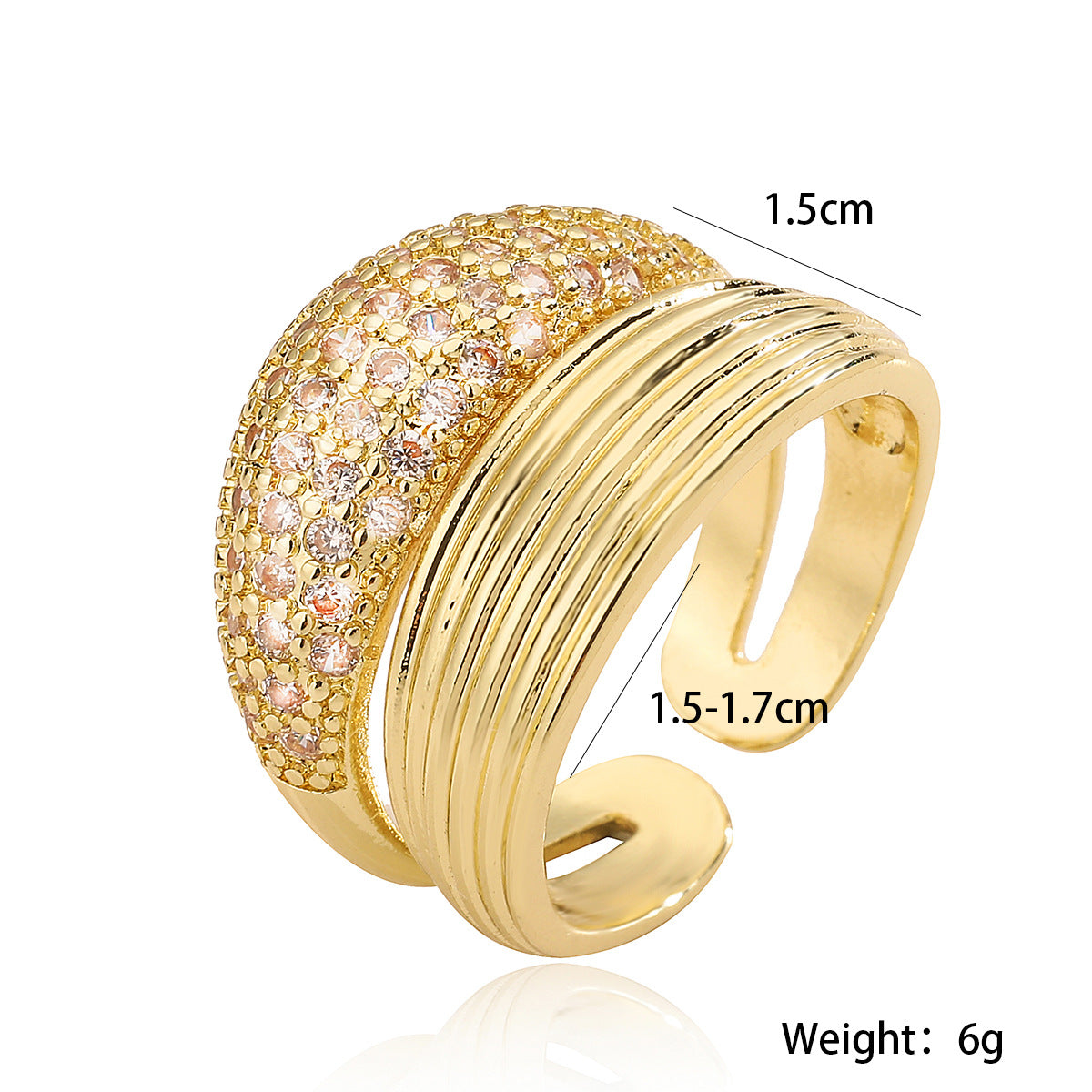Anello aperto da donna punk vintage geometrico in rame placcato oro 18K con intarsio di zirconi