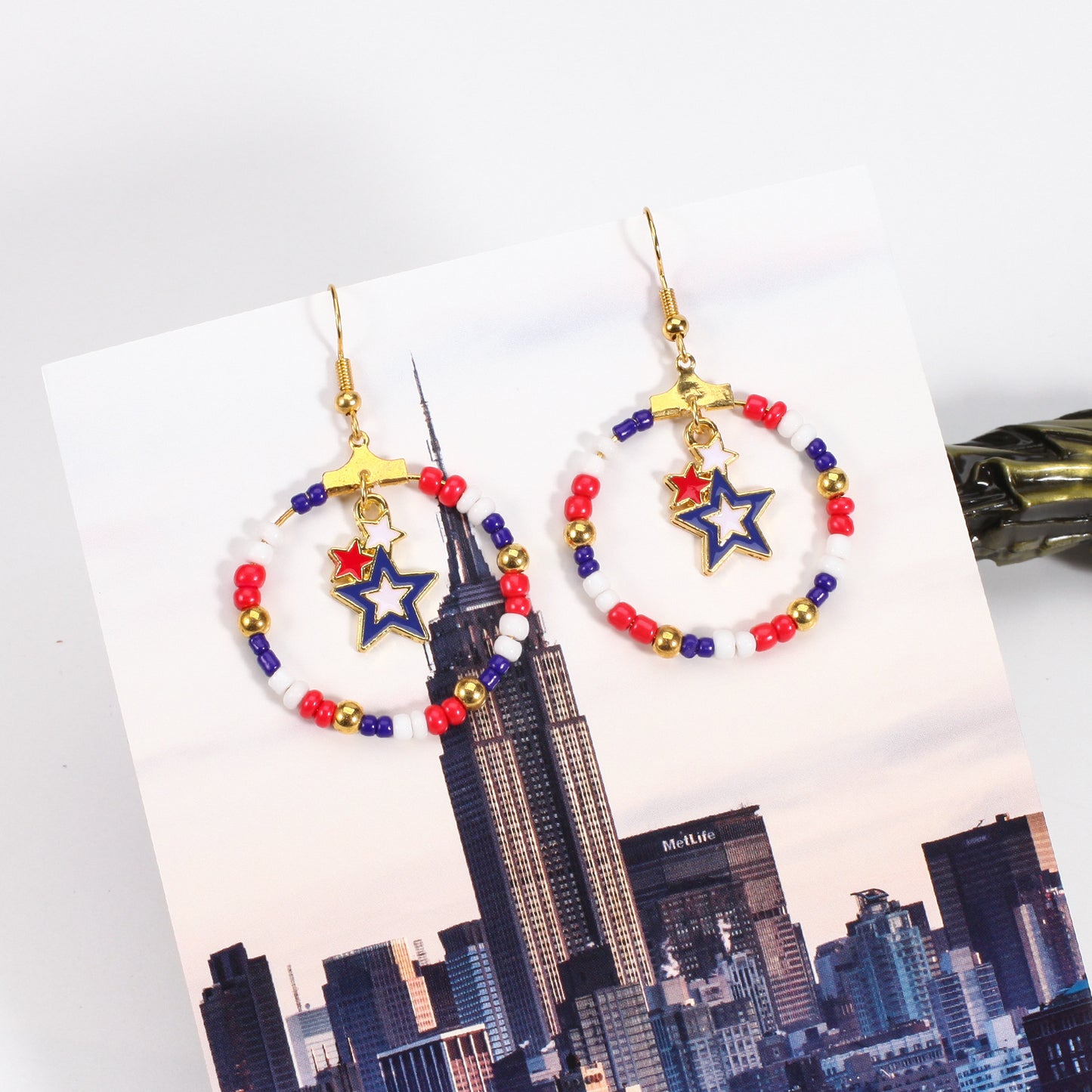 Patriotic Round Star Heart Rhinestone Plated Brass Earrings for Women