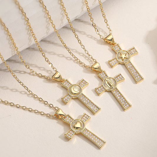 Minimalist Vintage 18K Gold Plated Brass Cross Necklace with Cubic Zirconia for Women