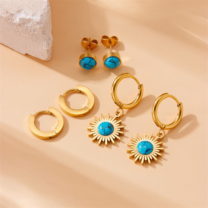 Vintage Fashion Round Turquoise Pendant Necklace Set Stainless Steel Earrings