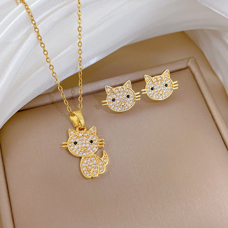 Sweet Cartoon Full Cubic Zirconia Cat and Moon Pendant Titanium Steel Necklace Set for Unisex