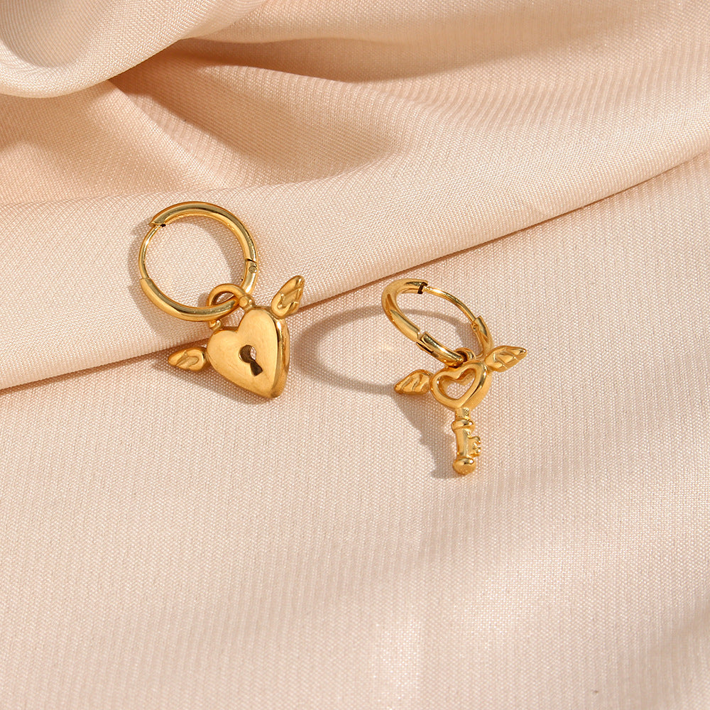 Fashionable Asymmetrical Heart Key Wing Earrings in Stainless Steel with 18K Gold Plating for Women