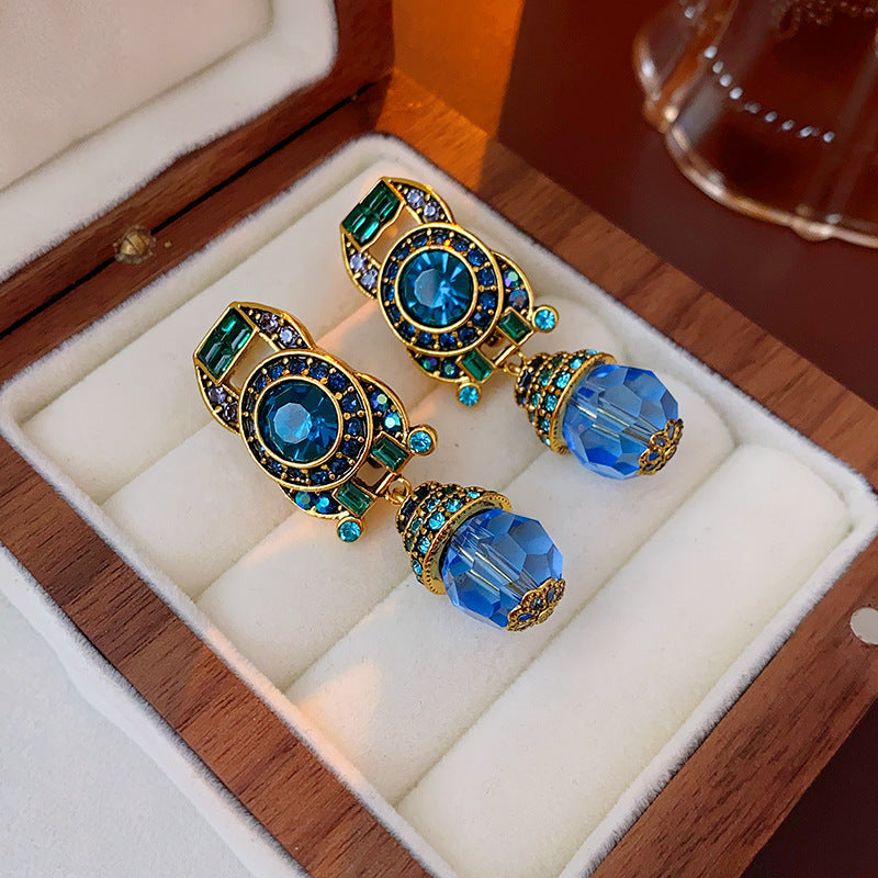 Vintage-Style Geometric Drop Earrings with Rhinestone Inlay in Plated Copper and Stainless Steel Posts for Women