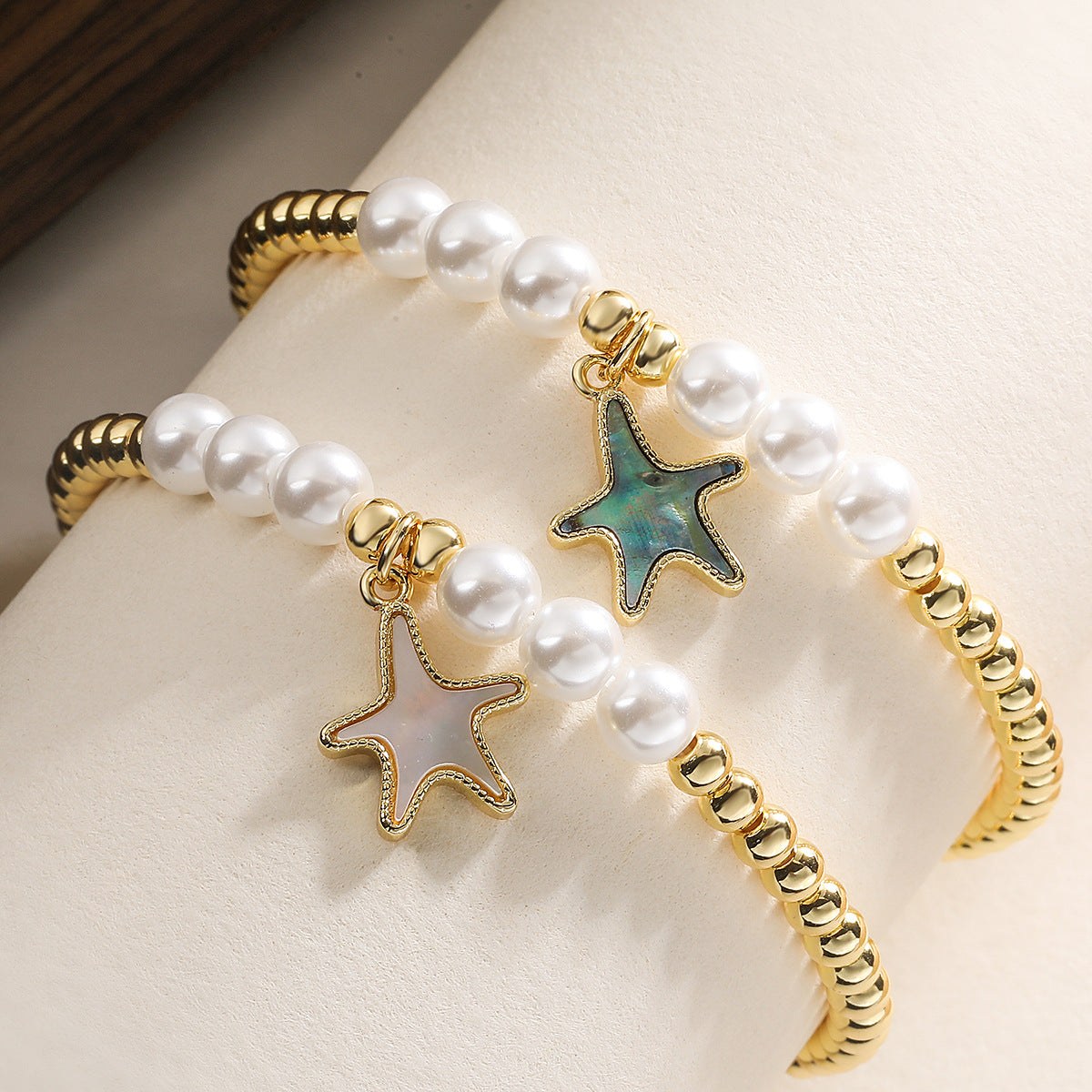 Minimalist Elegant Gold Plated Brass Geometric Starfish Beaded Bracelet for Women