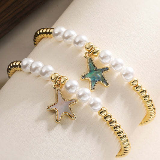 Minimalist Elegant Gold Plated Brass Geometric Starfish Beaded Bracelet for Women