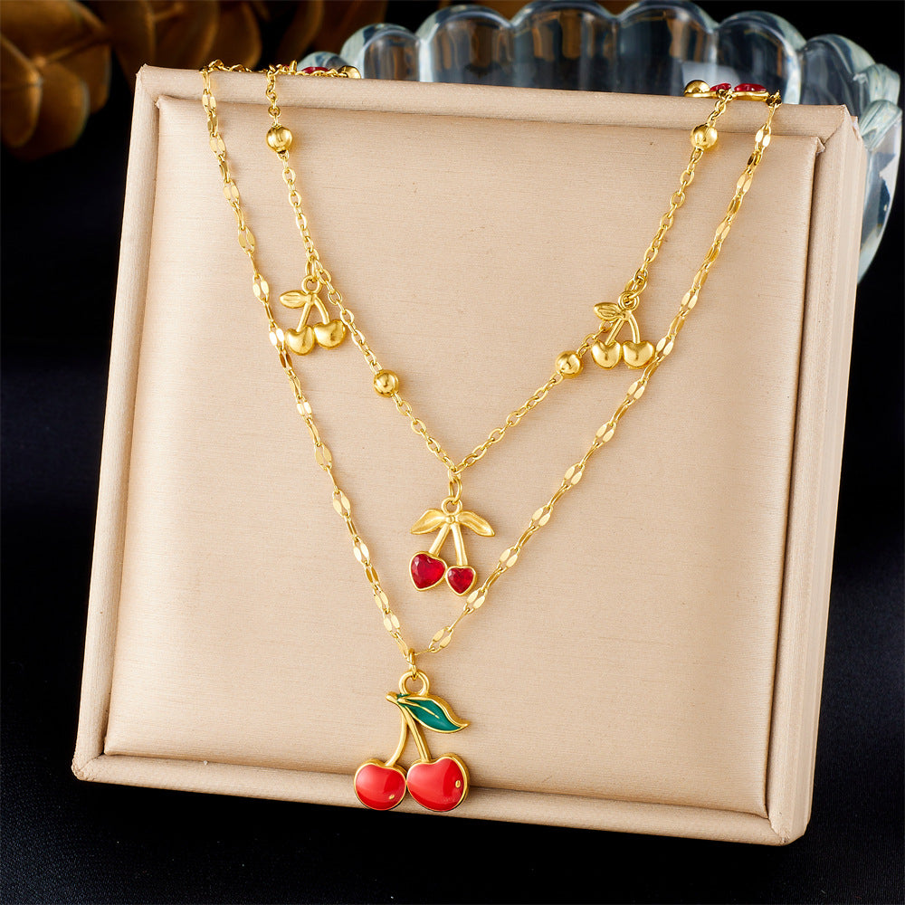 Minimalist Sweet Drip Oil Plated Stainless Steel Rhinestone Cherry Fruit Pendant Necklace and Bracelet Set with Singapore Chain for Women