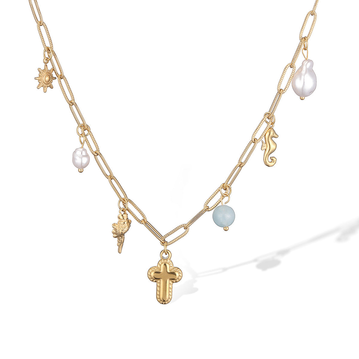 Minimalist Geometric Sun Cross Pendant Necklace for Women in Stainless Steel with 18K Gold Plating