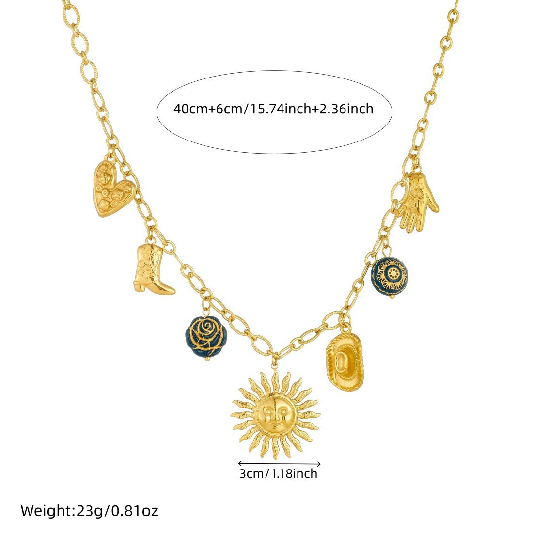Vintage Gold Plated Stainless Steel and Acrylic Sun Face Pendant Necklace for Women
