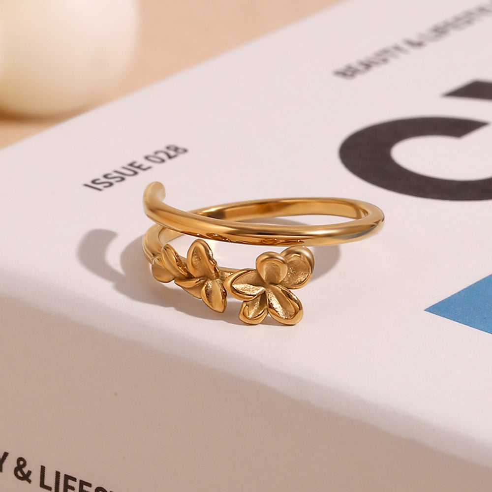 Minimalist Floral Double-Layer Open Ring in Stainless Steel with 18K Gold Plating