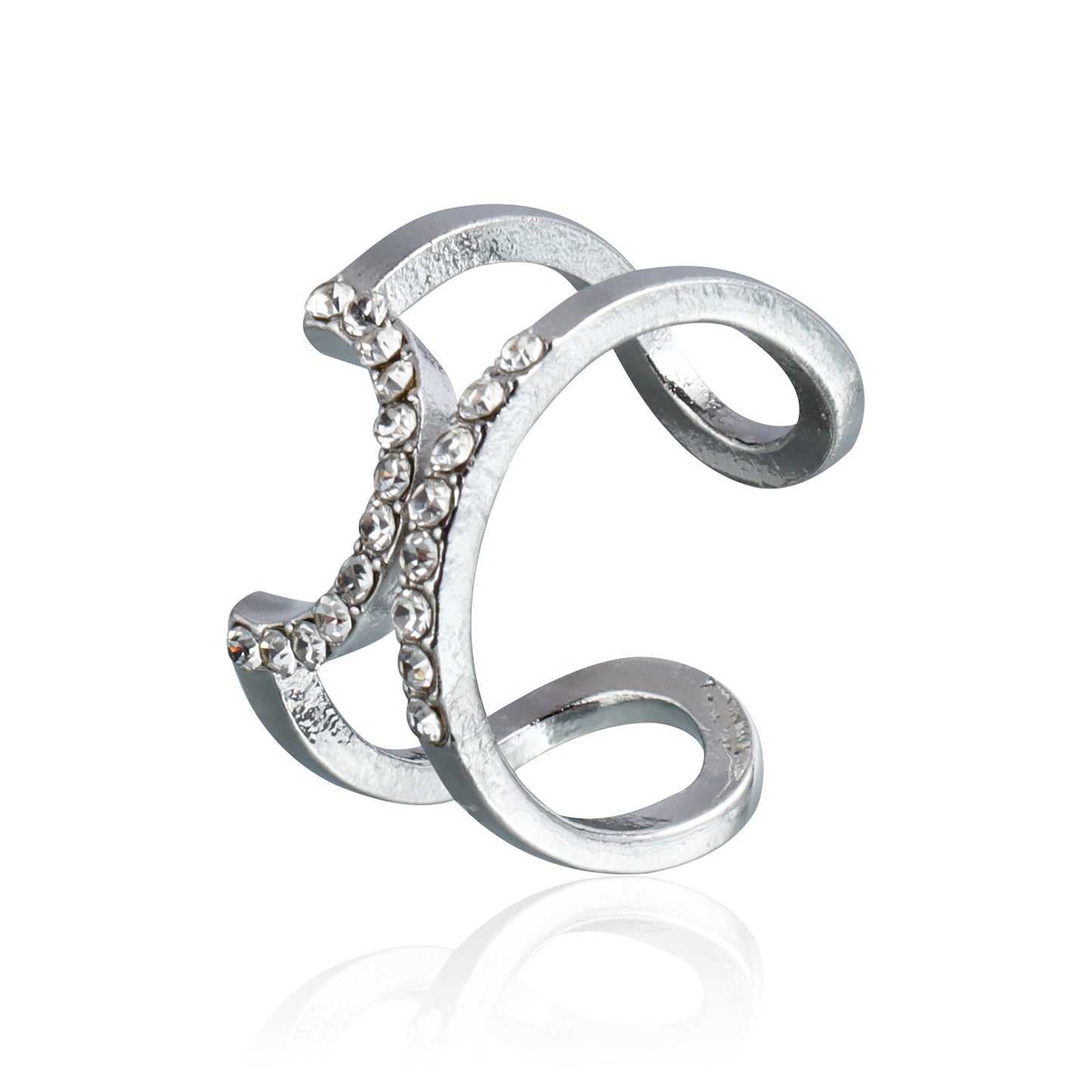 Anillo abierto de lujo geométrico con diamantes de imitación para mujer con acabado de metal chapado y diseño en forma de U