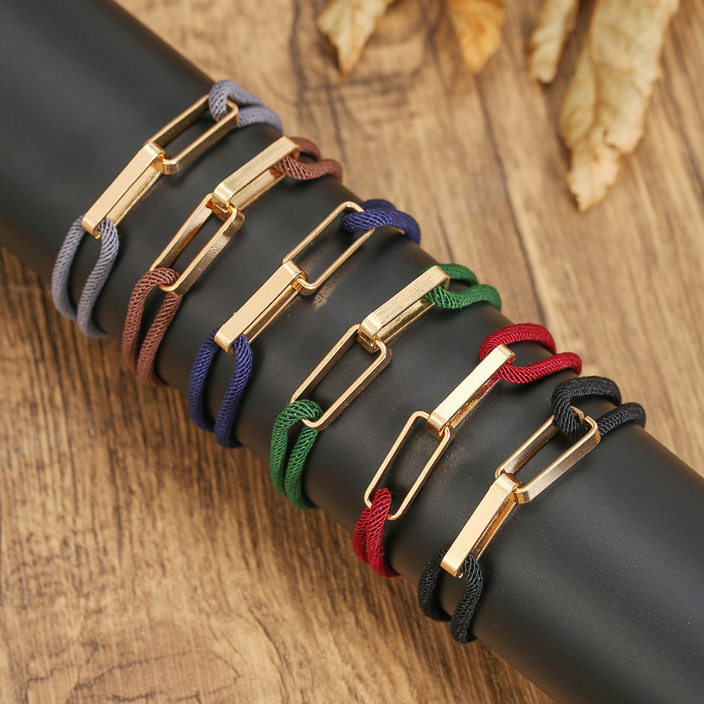 Hip-hop Mixed Materials Plated Adjustable Double Ring Braided Bracelet