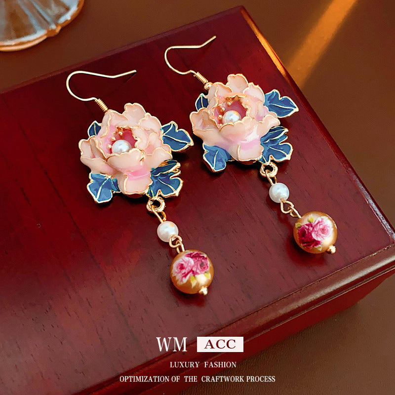 Pendientes colgantes de perlas florales estilo vintage chic con acabado esmaltado en aleación para mujer