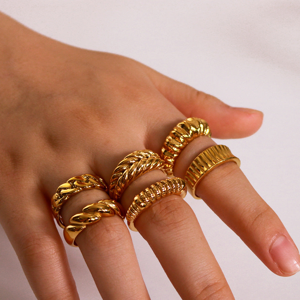 Vintage INS Style Geometric Textured Woven Stainless Steel Ring with 18K Gold Plating for Women and Men