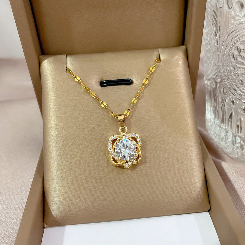 Minimalist Geometric Titanium Steel Necklace with Gold Plated Brass Pendant and Rhinestone Inlay