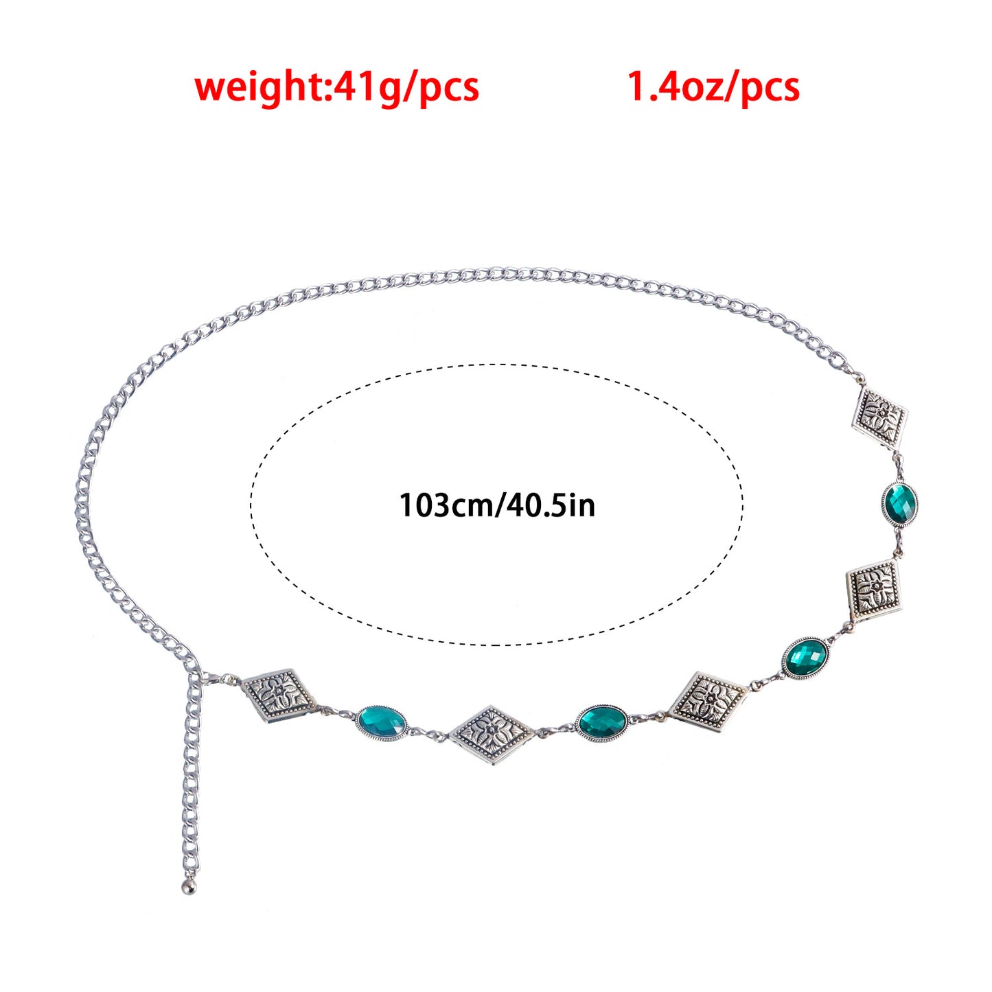 Casual Punk-Style Geometric Rhombus Pattern Acrylic Green Agate Simulated Diamond Waist Chain for Women with Aluminum Metal Chain