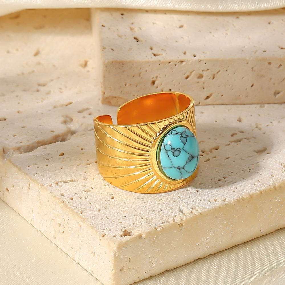 Anello regolabile da donna in acciaio inossidabile placcato oro 18 carati con motivo a spirale geometrica turchese