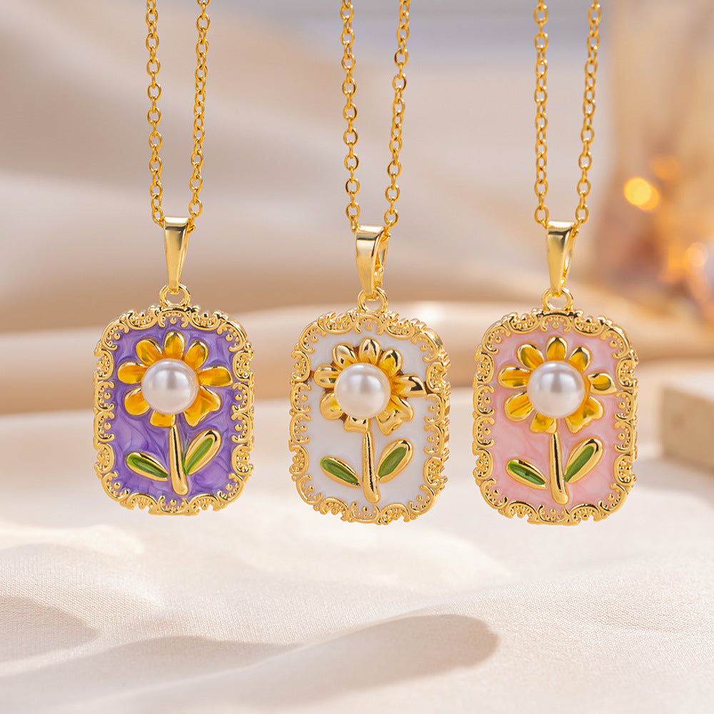 Minimalist Sunflower Pendant Necklace in Titanium Steel with Enamel Finish for Women, O-Chain Locket Style