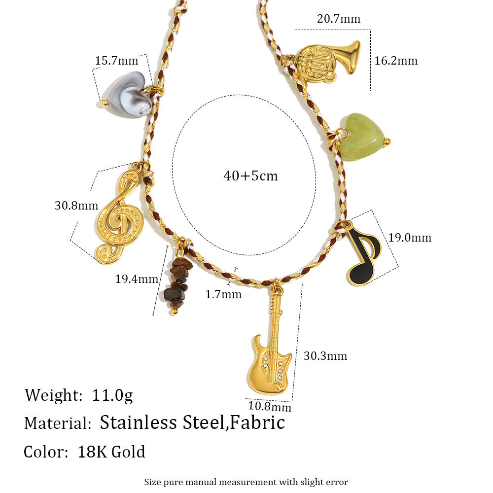 Minimalist Guitar-Shaped Pendant Necklace for Women Stainless Steel with 18K Gold Plating and Colorful Cord