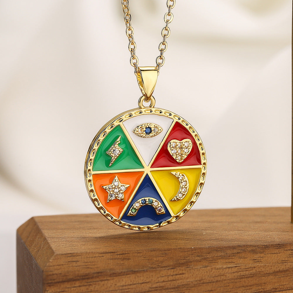 Bohemian Style Geometric Copper Pendant Necklace with Enamel Finish, Zircon-Set Eye and Star-Moon Motif