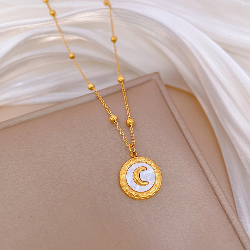 Minimalist Geometric Shell Moon Pendant Necklace in Titanium Steel with Gold Plating for Women and Men