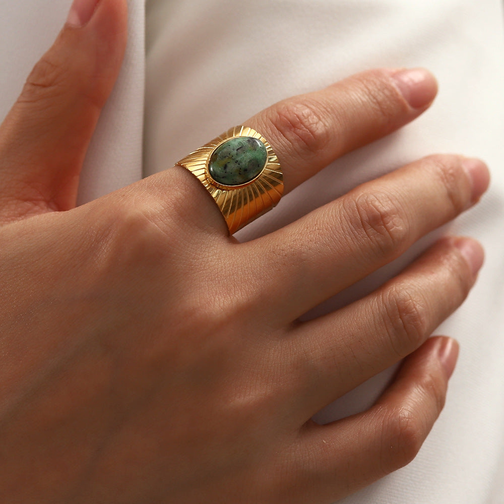 Vintage Oval Turquoise-Inlaid Stainless Steel Wide Band Open Ring for Women Geometric Shape Statement Jewelry