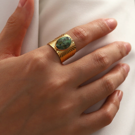 Vintage Oval Turquoise-Inlaid Stainless Steel Wide Band Open Ring for Women Geometric Shape Statement Jewelry