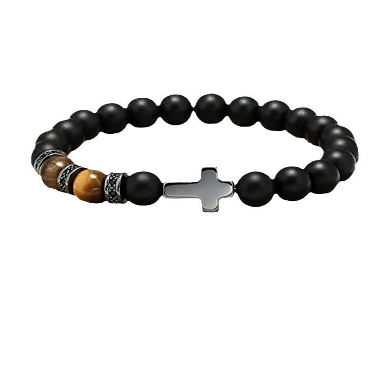 Minimalist Matte Black Beaded Bracelet with Small Cross Pendant Unisex Gift