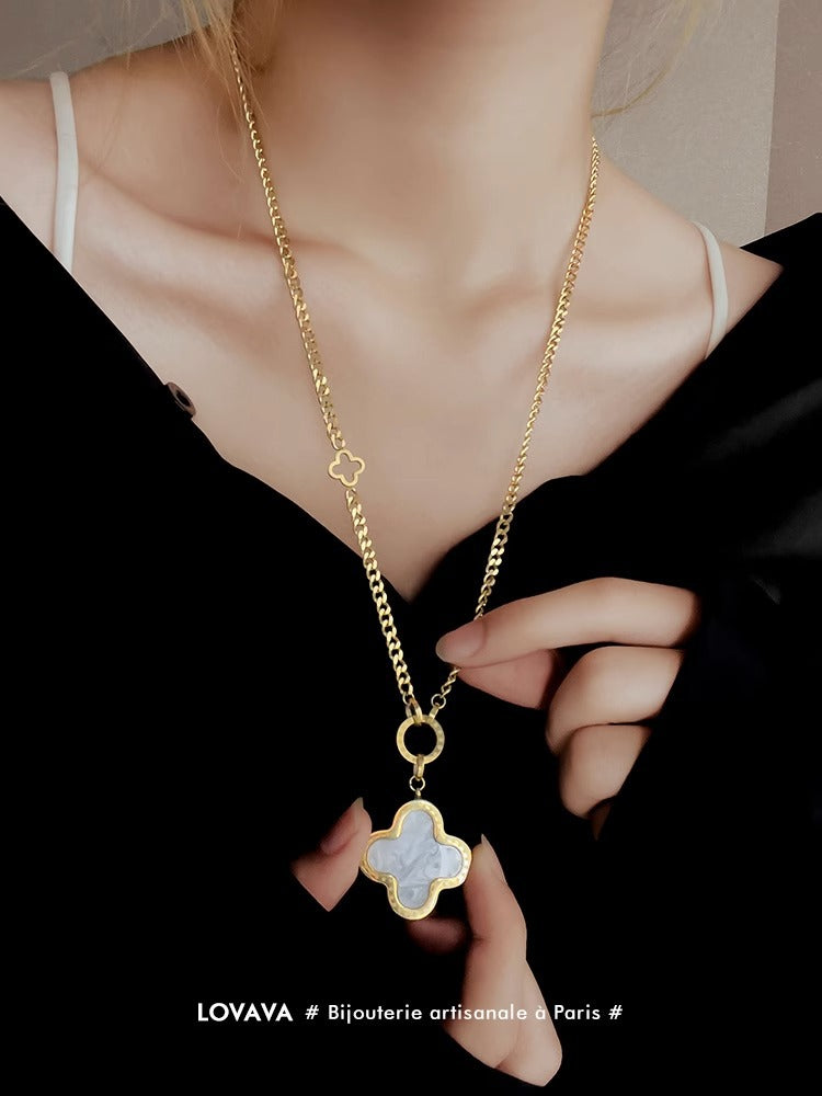 Minimalist Four-Leaf Clover Pendant Necklace for Women and Men in Titanium Steel with Electroplated Finish, Adjustable Length Layered Clavicle Chain