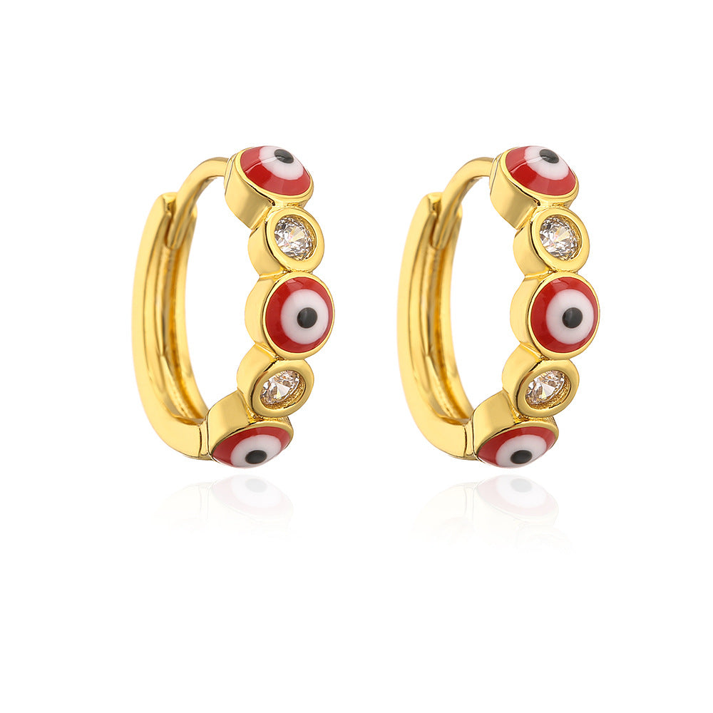 Geometric Demon Eye Earrings for Women with Copper Base Plated in Real Gold and Micro-Paved Zirconia with Enamel Finish