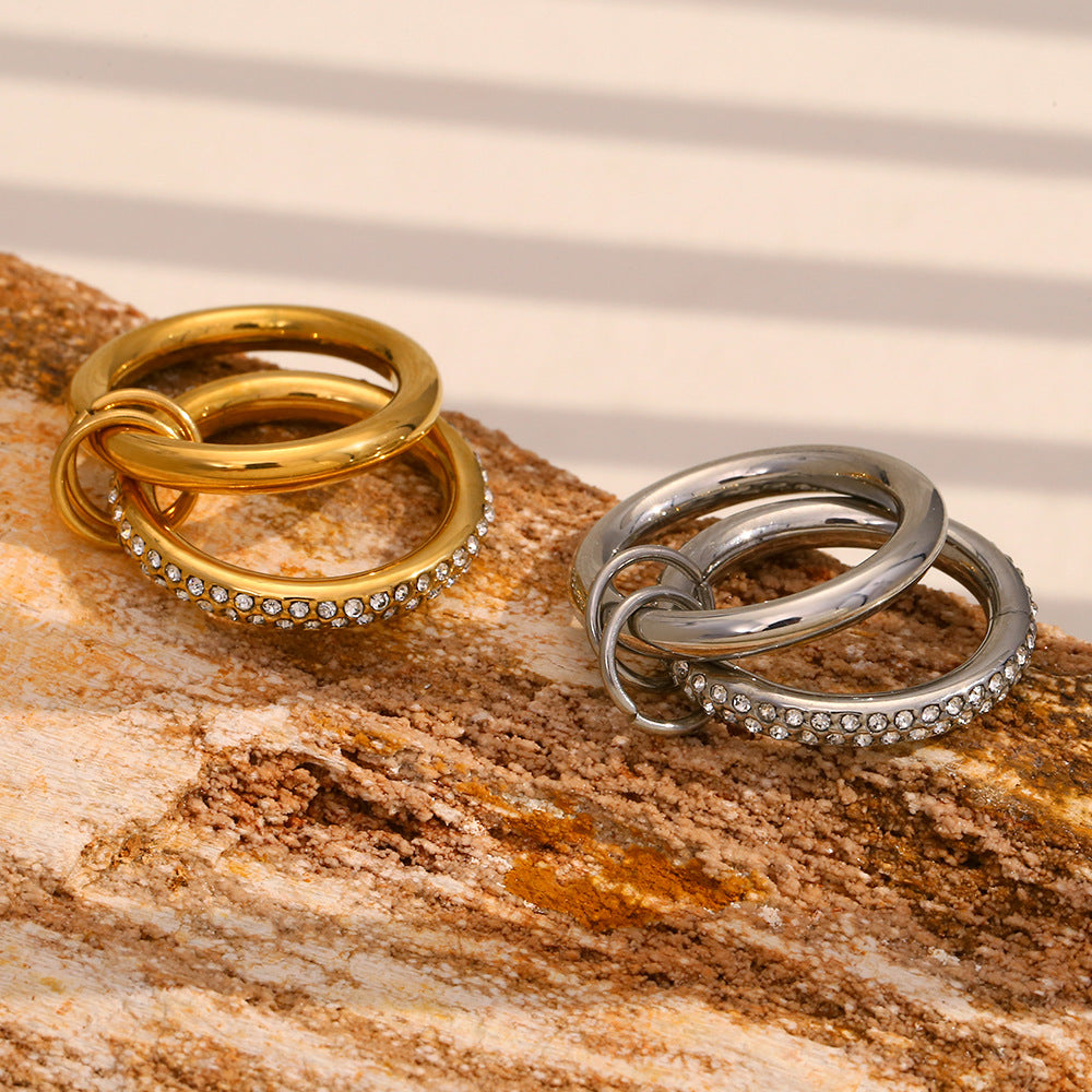 Vintage-Inspired Geometric Stainless Steel Ring with 18K Gold Plating and Rhinestone Accents for Women