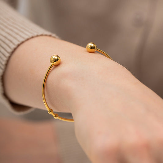 Pulsera Abierta de Puño Geométrica Redonda de Moda con Cuentas, Acero Inoxidable con Chapado en Oro de 18K para Mujer