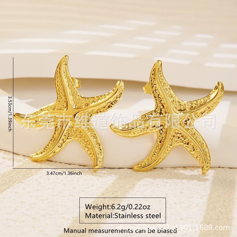 Beach Style Stainless Steel Geometric Starfish Shell Stud Earrings for Women