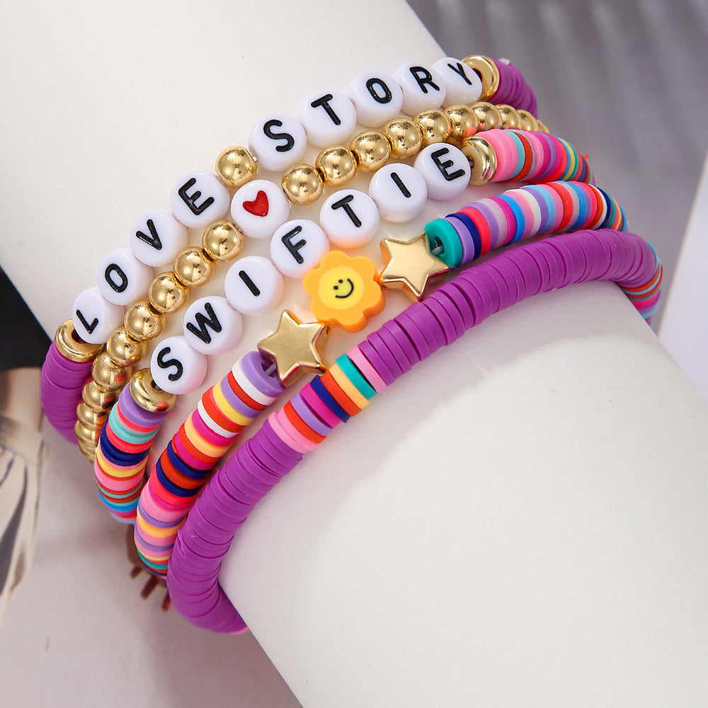 Handmade Letter Resin Brass Acrylic Bracelet Set with Sun and Smiley Charms