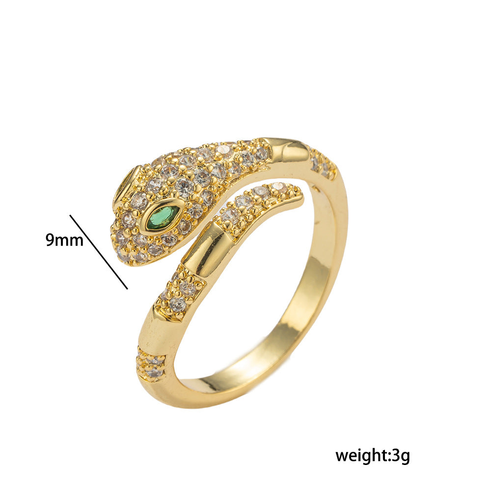 Anello di lusso regolabile a forma di serpente in rame placcato oro con zirconi micro-pavé, unisex