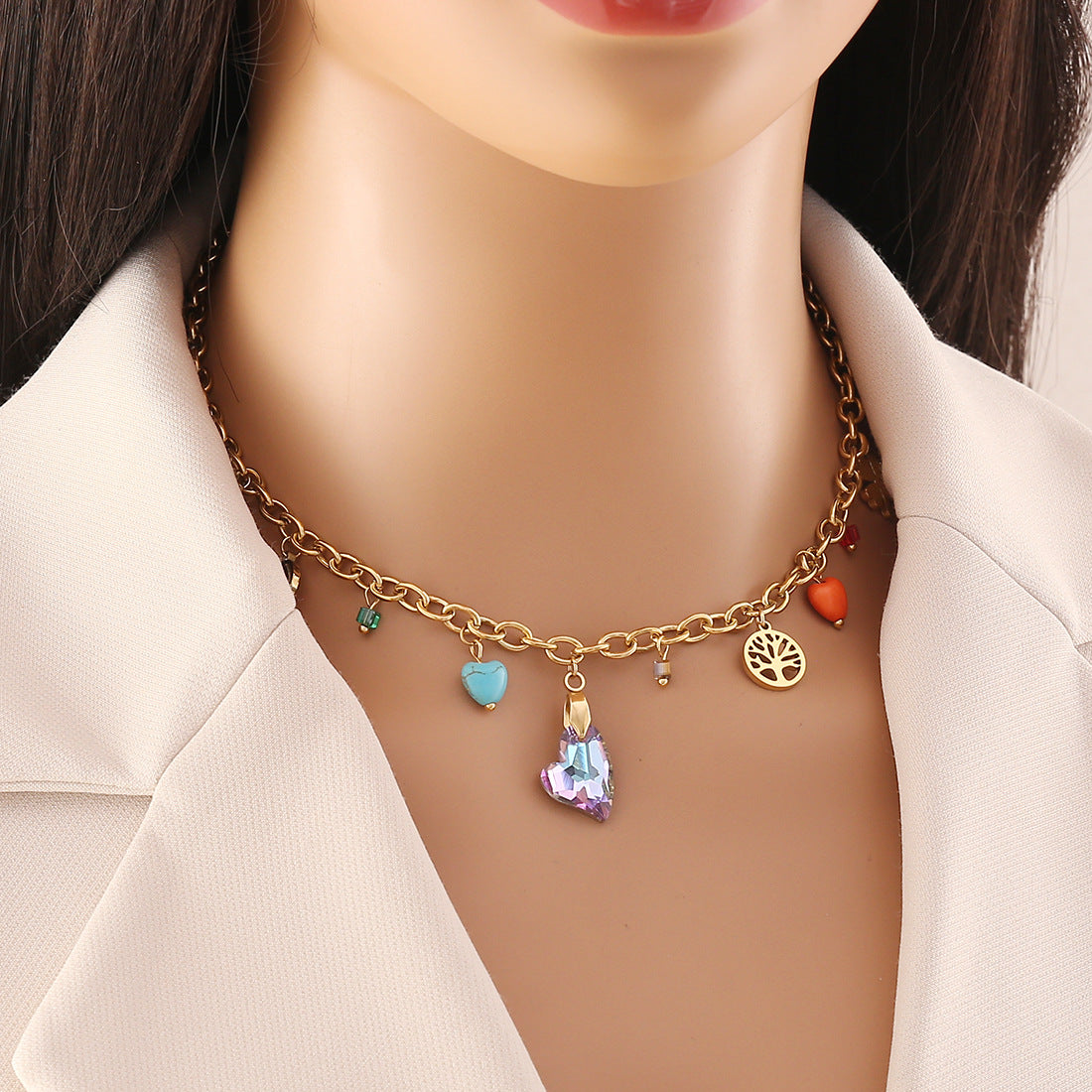 Elegante Collana da Donna in Acciaio Inossidabile a Cuore con Ciondolo in Vetro Colorato e Finitura Galvanizzata