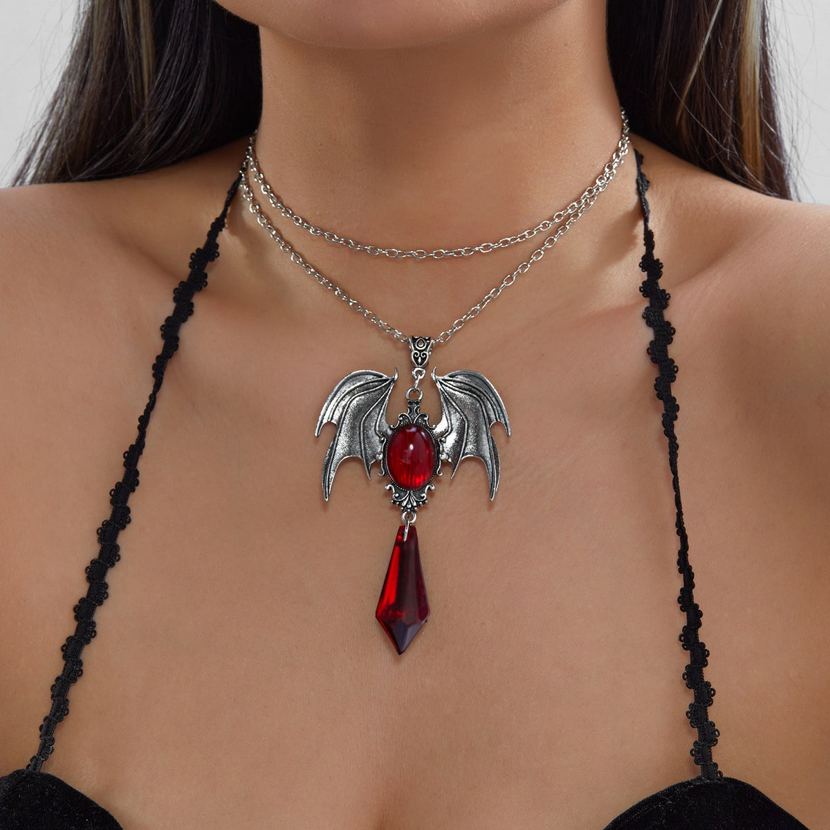 Vintage Gothic Geometric Bat Crystal Inlay Alloy Plated Pendant Necklace and Earring Set