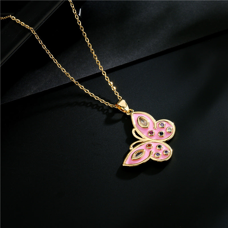 Butterfly Drip Oil Gold Plated Brass Micro-set Cubic Zirconia Necklace with Box Chain