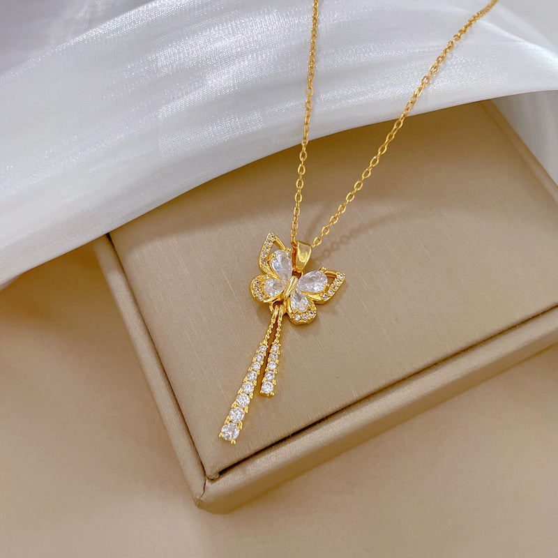 Luxury Butterfly Geometric Rhinestone Pendant Necklace Titanium Steel Chain for Women and Men