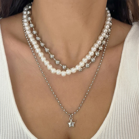 Minimalist Punk Star Alloy Plated Imitation Pearl Ball Chain Necklace for Women