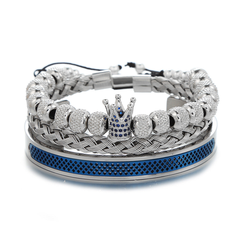Geometric Crown Copper Inlaid Cubic Zirconia Titanium Steel Stainless Steel Mesh Cuff Bracelet Set