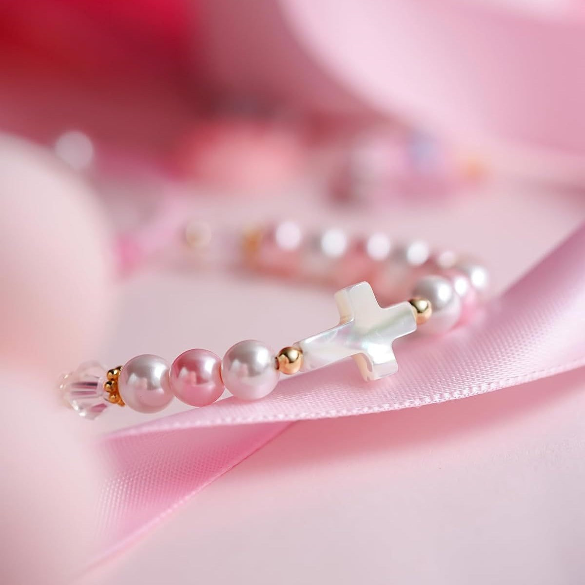 Sweet Cross Artificial Pearl Woven Bracelet Adjustable Pink White Gift for Girls
