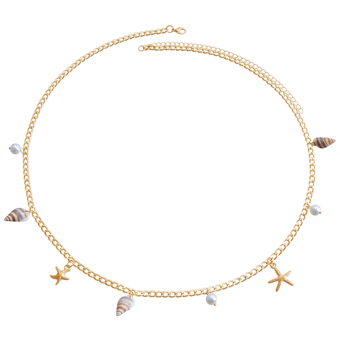 Bohemian Beach Shell Waist Chain with Starfish and Conch Pendant for Women Summer Travel Style Metal Body Chain with Painted Finish